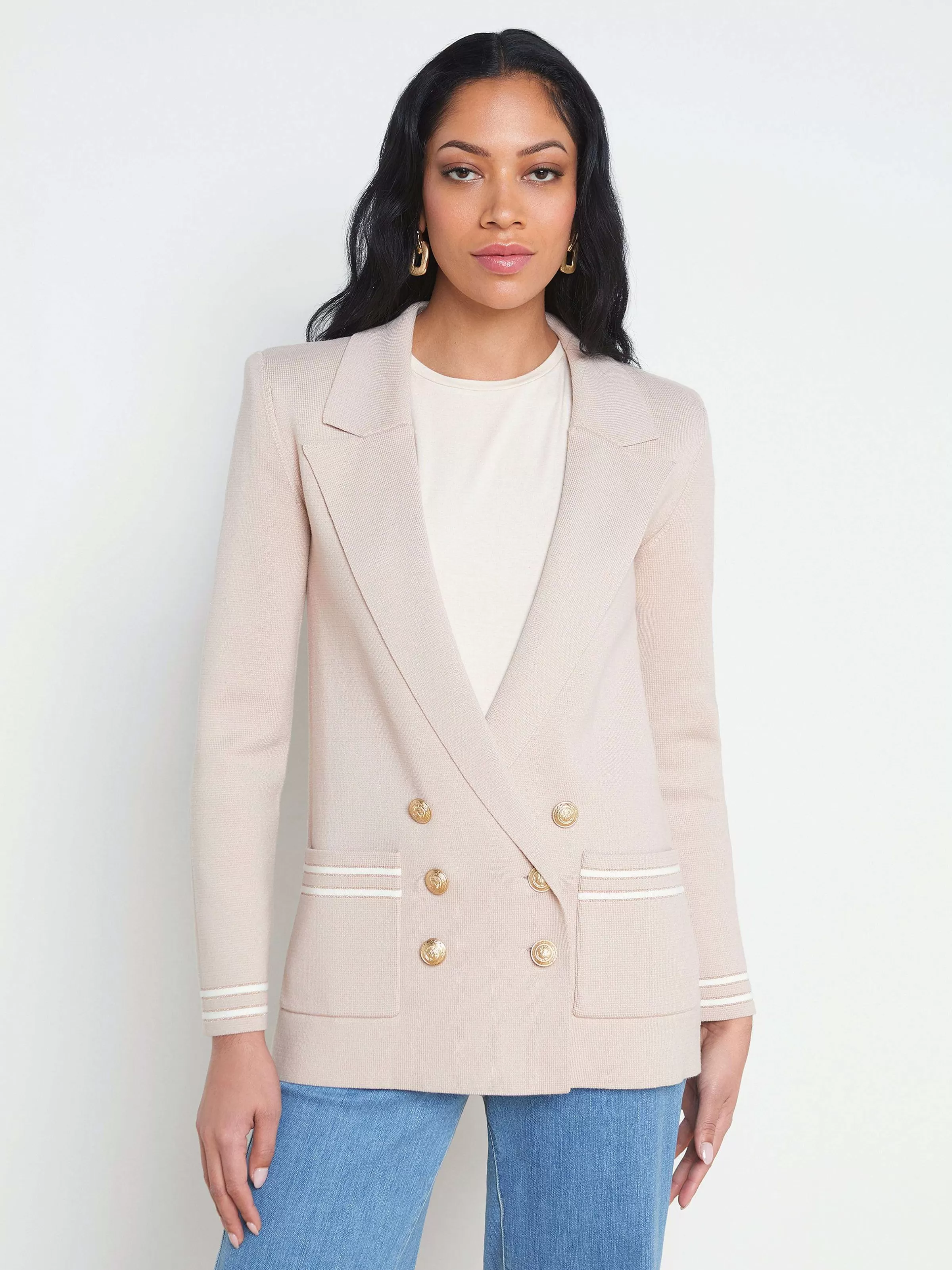 Best Sale L'AGENCE Blazer Boyfriend En Tricot Eileen Rose Frene Avec Rayures Ivoire/Or