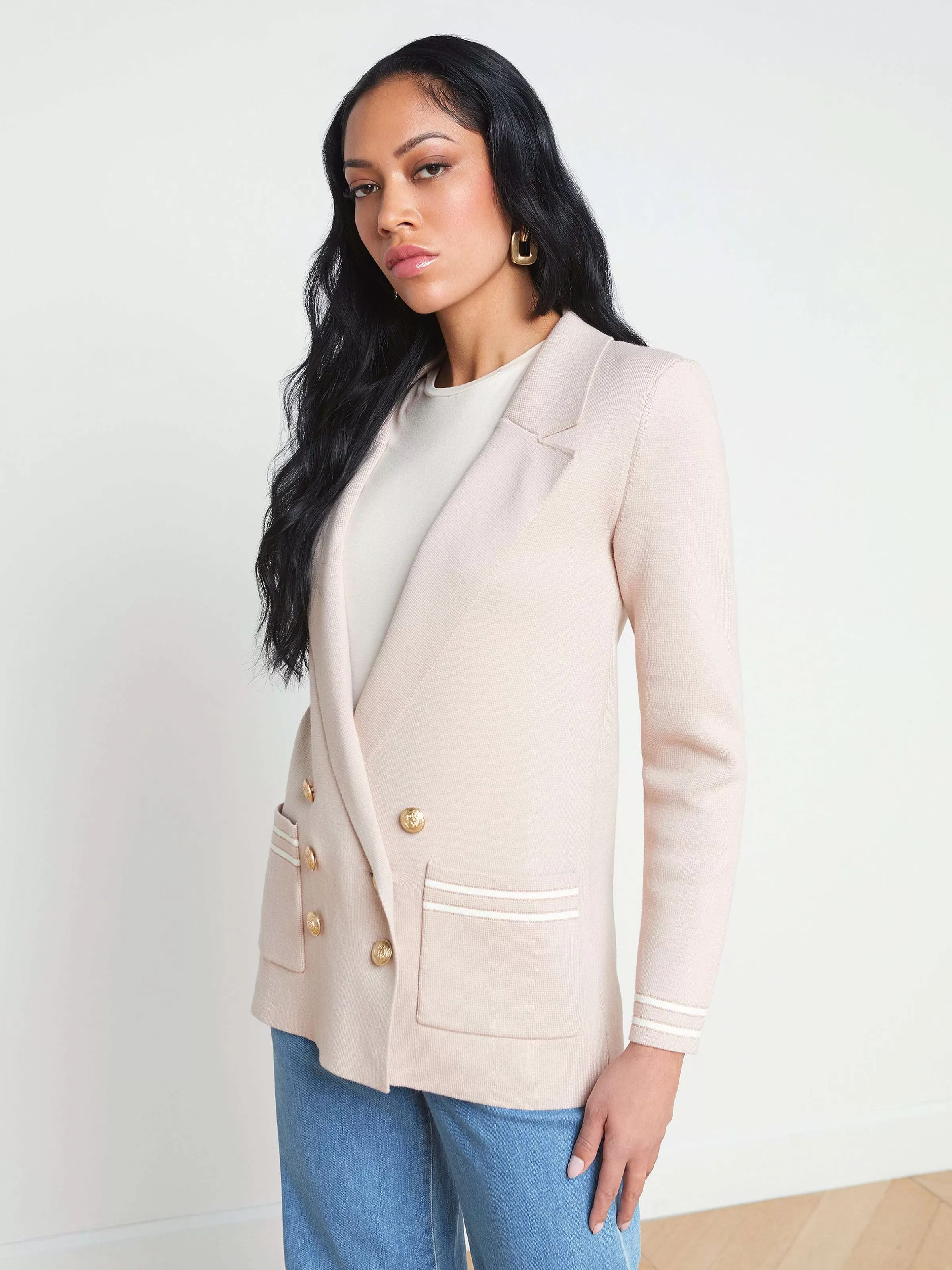 Best Sale L'AGENCE Blazer Boyfriend En Tricot Eileen Rose Frene Avec Rayures Ivoire/Or