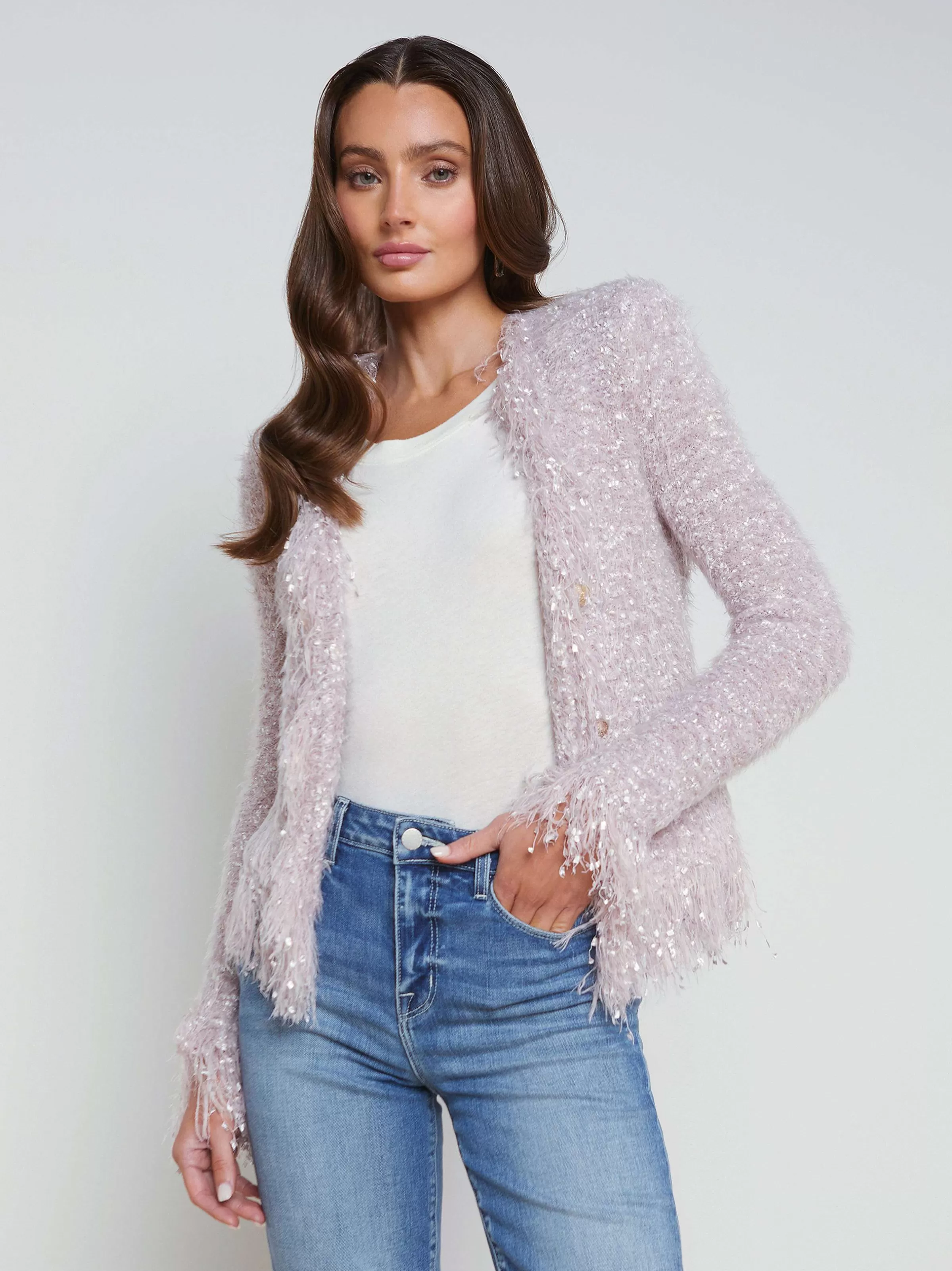 Outlet L'AGENCE Blazer Cardigan A Franges Azur Rose Poussiereux