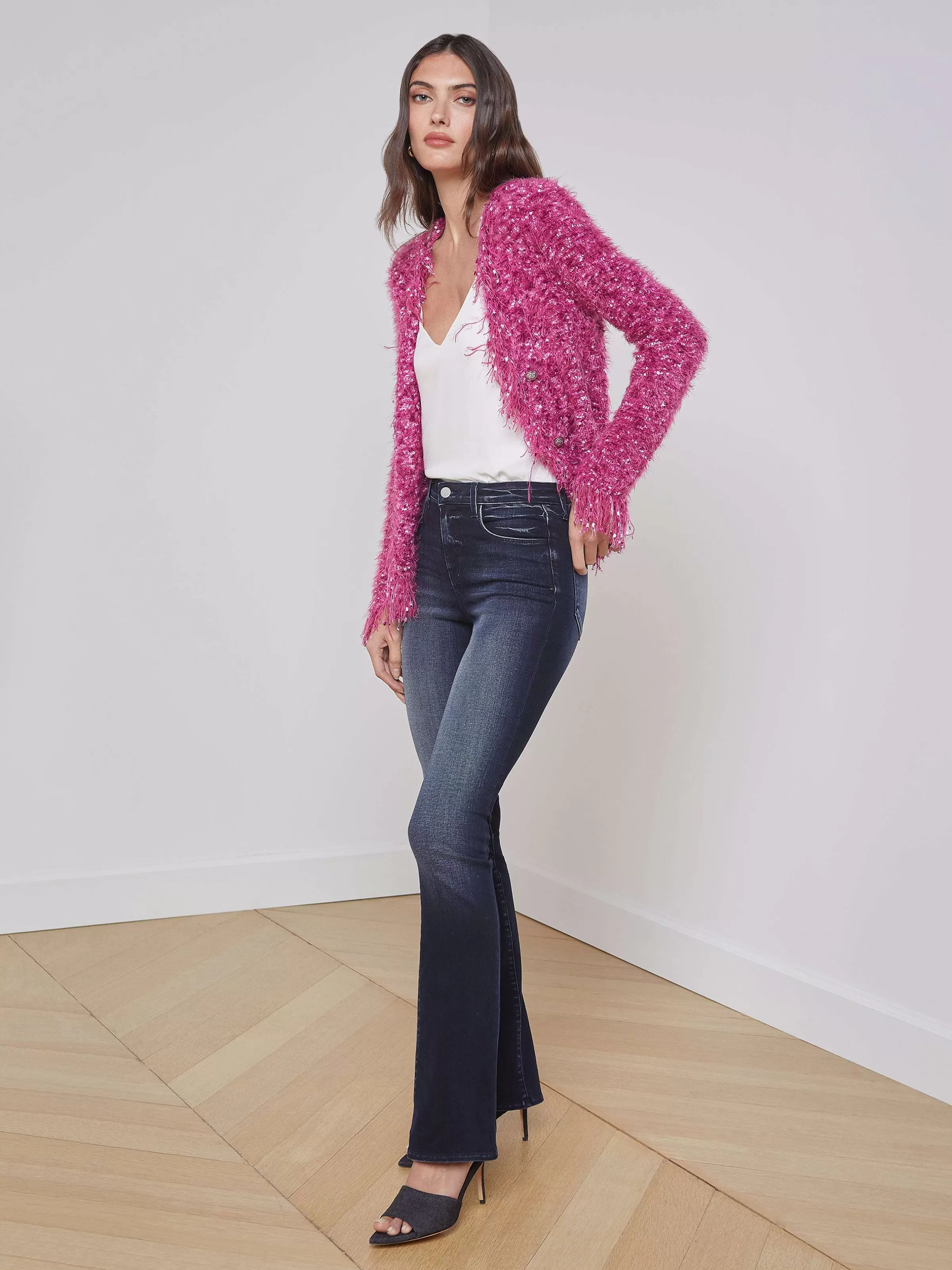 Cheap L'AGENCE Blazer Cardigan A Franges Azur Rose