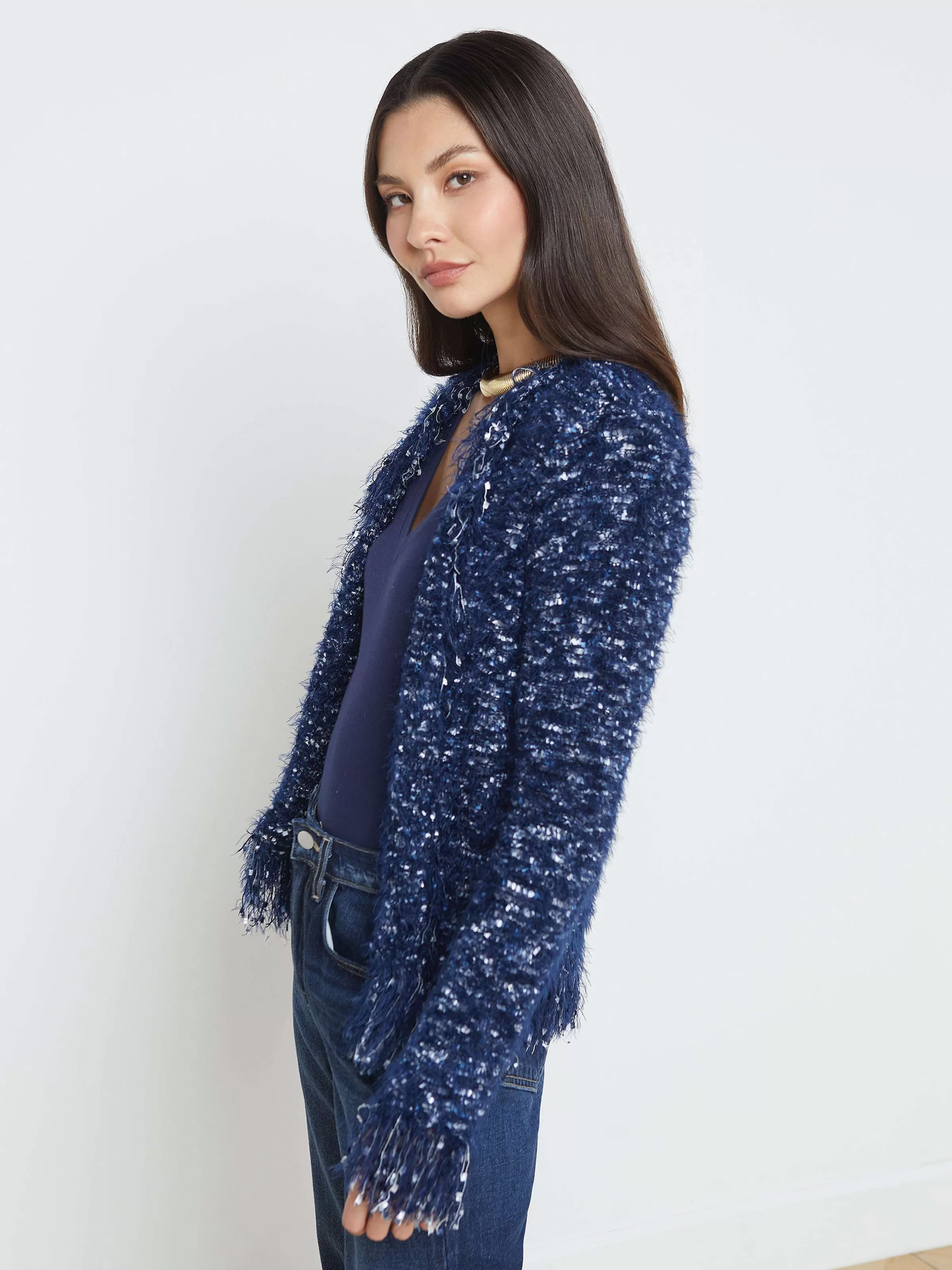 Best Sale L'AGENCE Blazer Cardigan A Franges Azur Minuit Multi