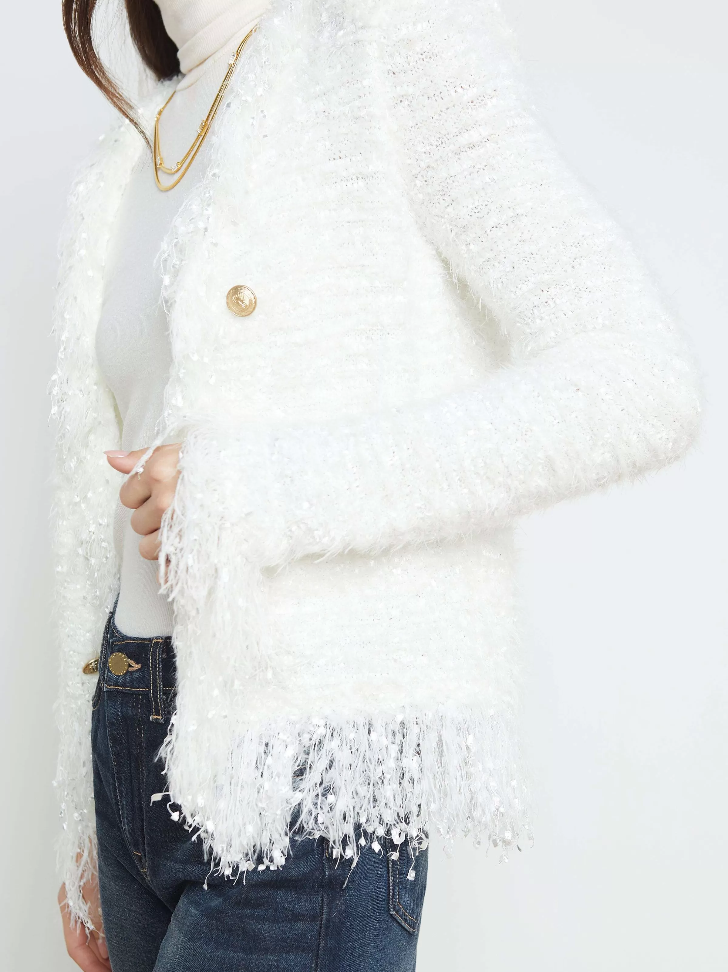 Online L'AGENCE Blazer Cardigan A Franges Azur Blanc