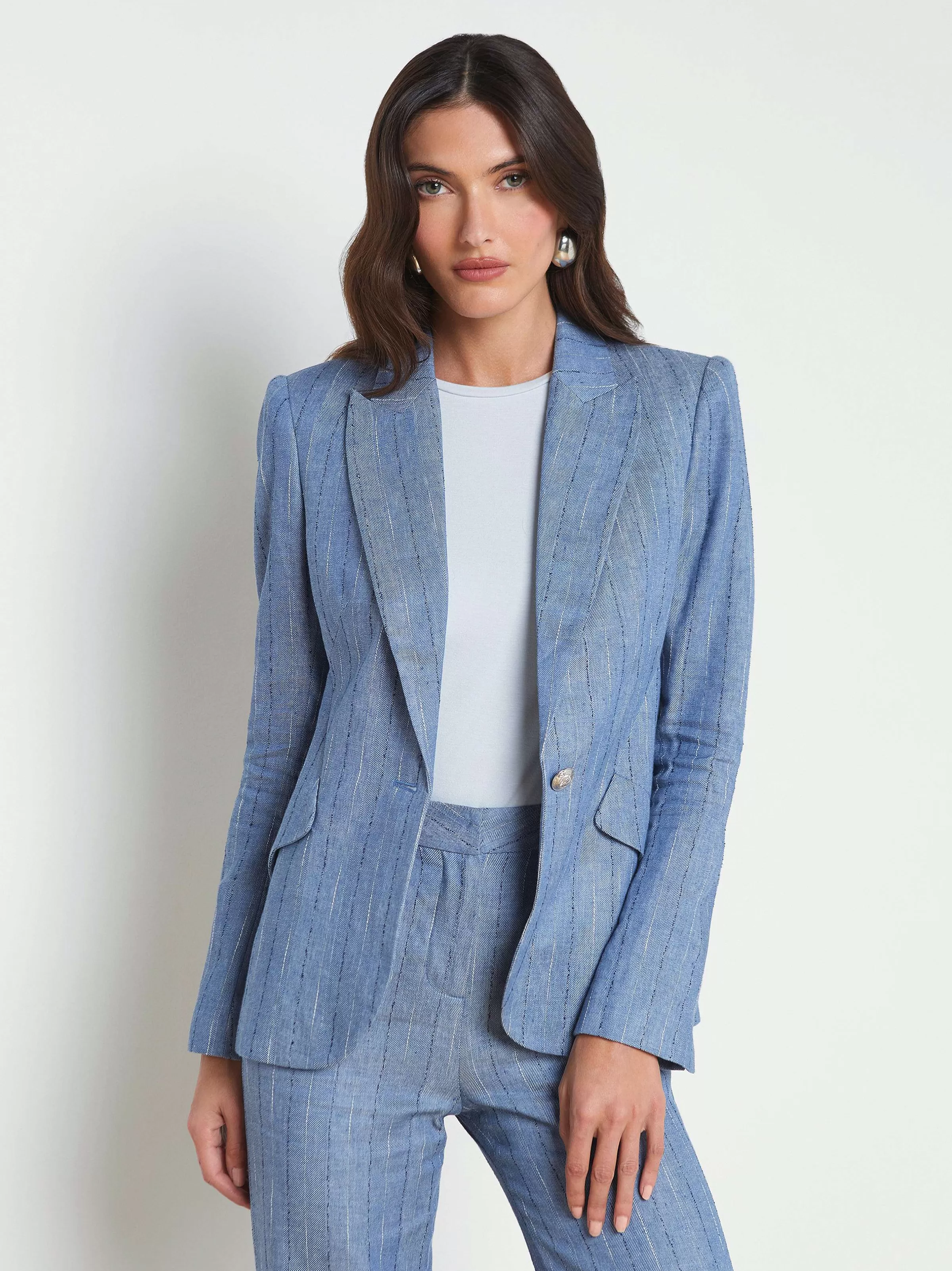 Best Sale L'AGENCE Blazer En Melange De Lin Chamberlain Rayure Bleu Ardoise