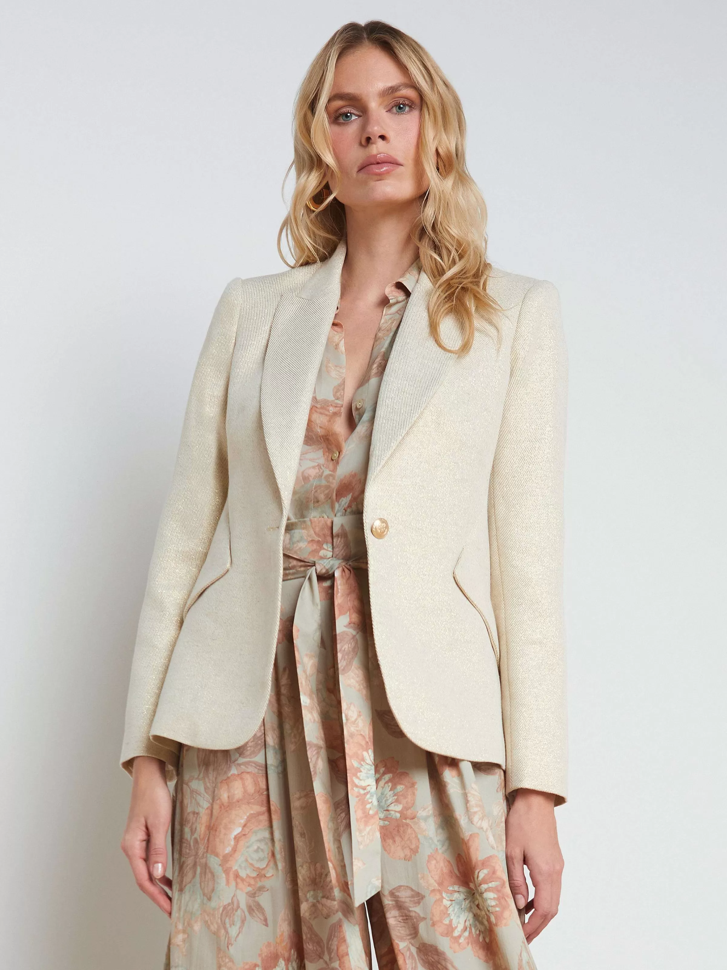 Shop L'AGENCE Blazer En Melange De Lin Chamberlain Ecru/Or