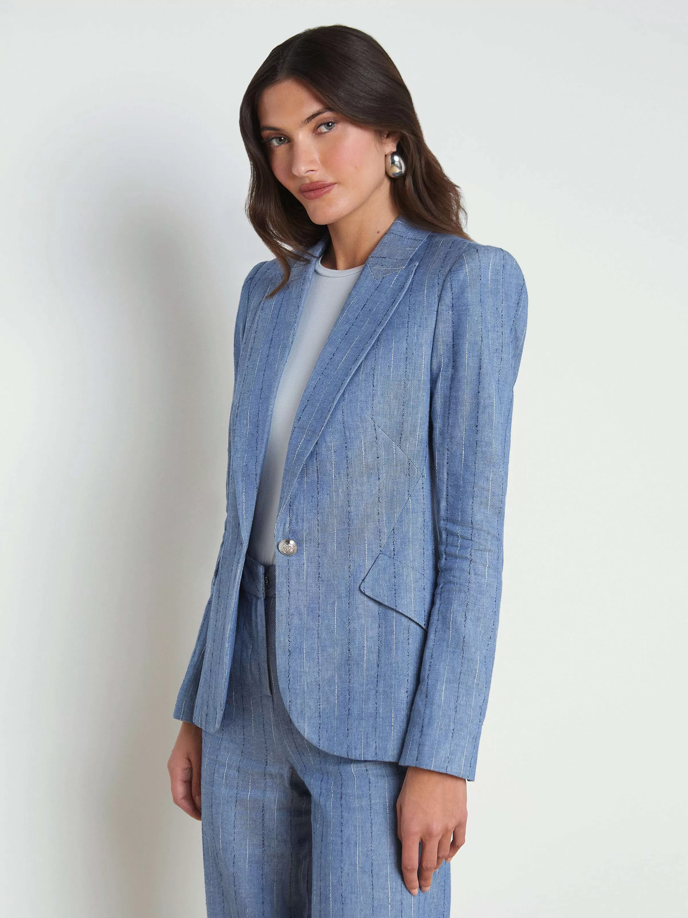 Best Sale L'AGENCE Blazer En Melange De Lin Chamberlain Rayure Bleu Ardoise