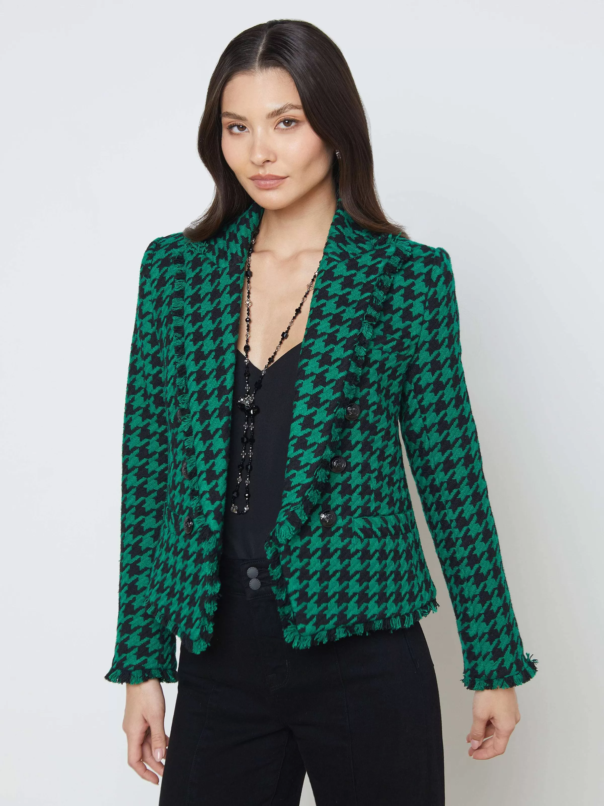 Outlet L'AGENCE Blazer Ouvert Sur Le Devant Brooke Pied-De-Poule Vert/Noir