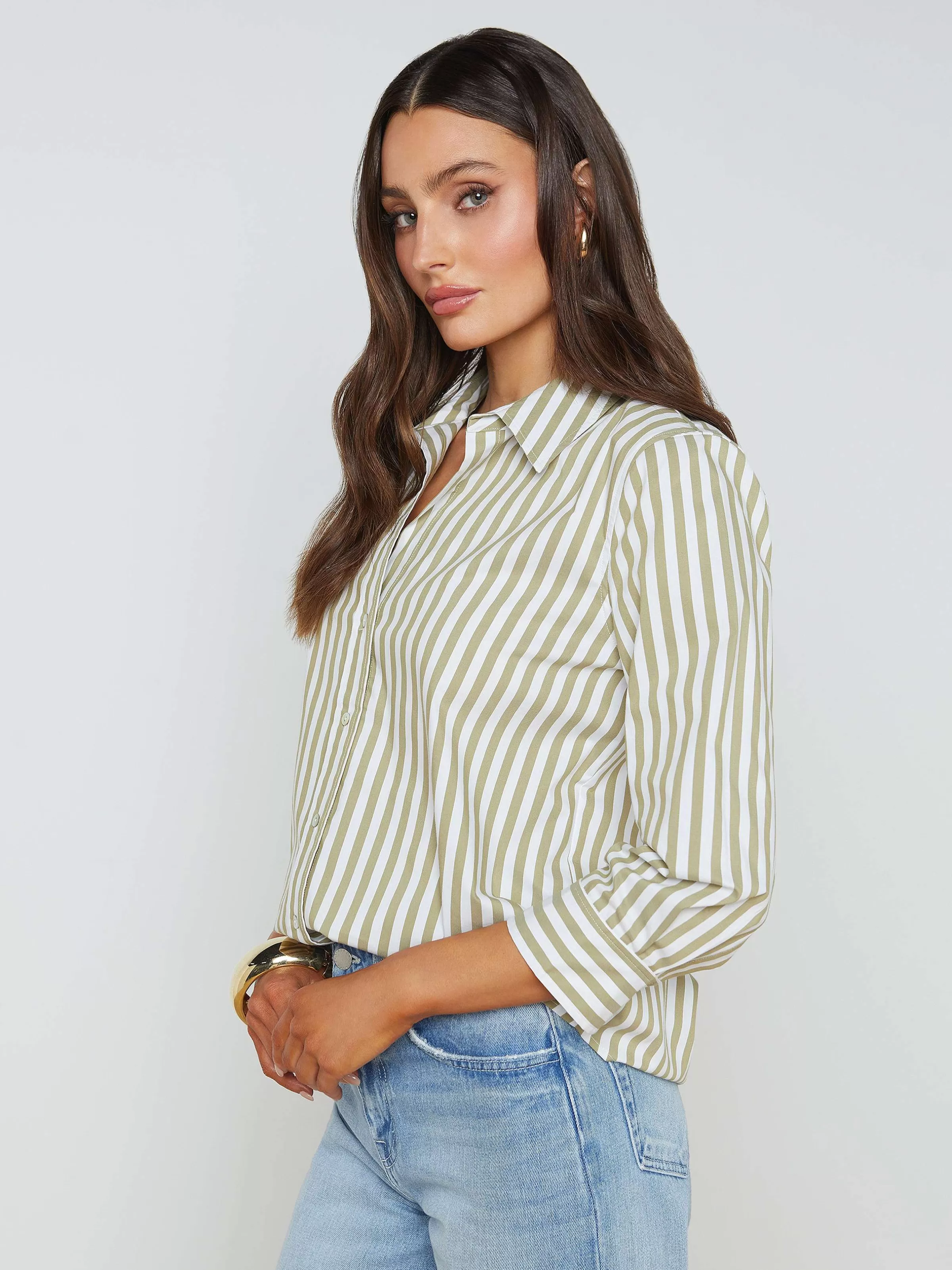 Cheap L'AGENCE Blouse En Melange De Coton Daniella Herbes Sechees/Rayure Blanche