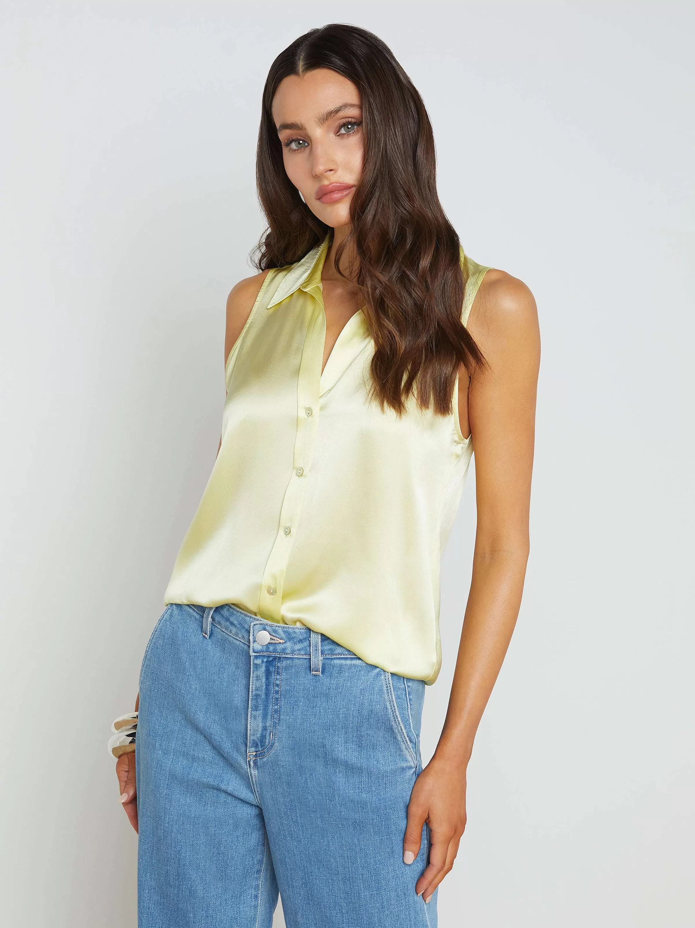 Fashion L'AGENCE Blouse En Soie Sans Manches Emmy Sorbet Jaune