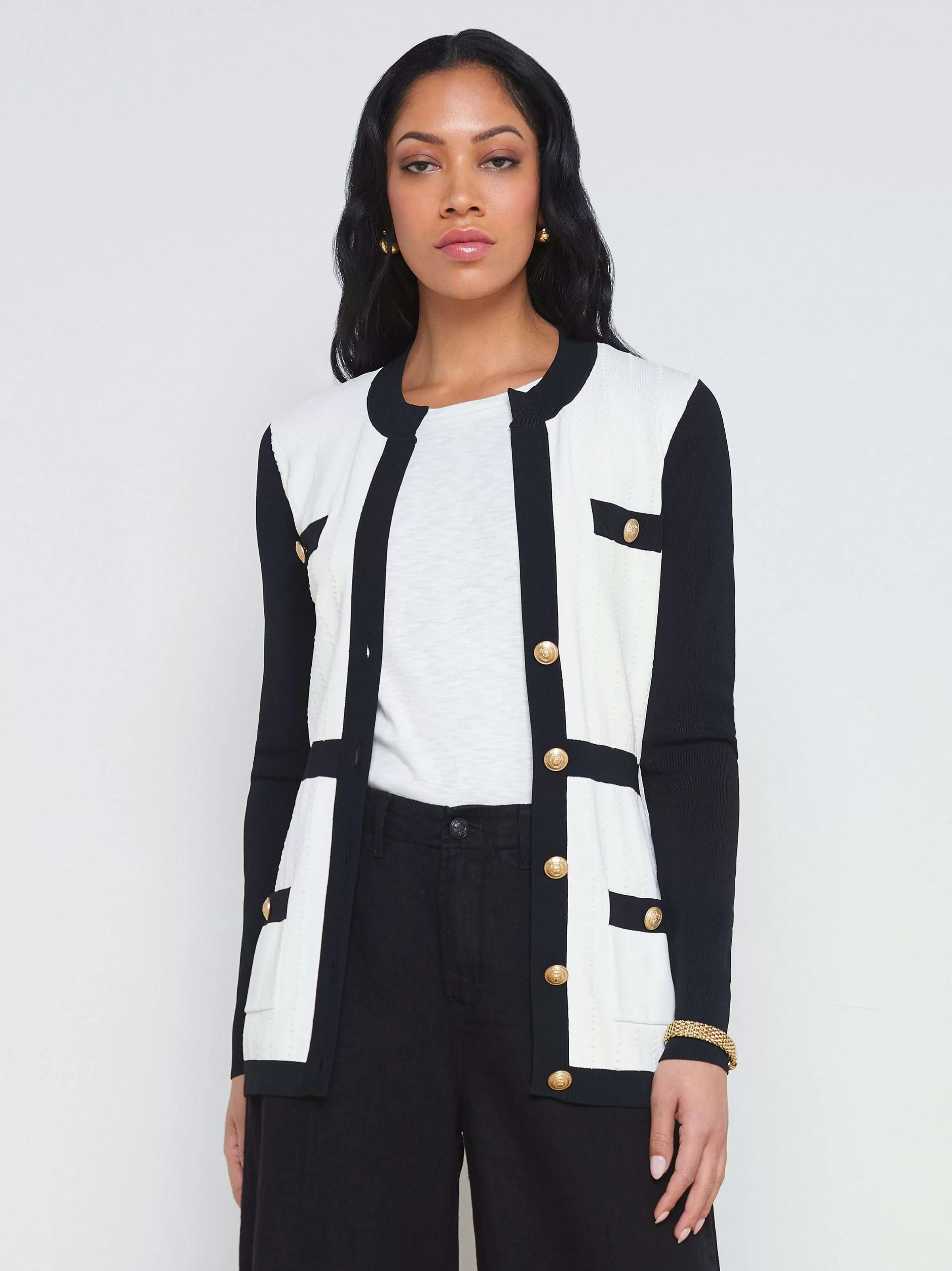 Outlet L'AGENCE Cardigan A Bordure Contrastee Clover Blanc Noir