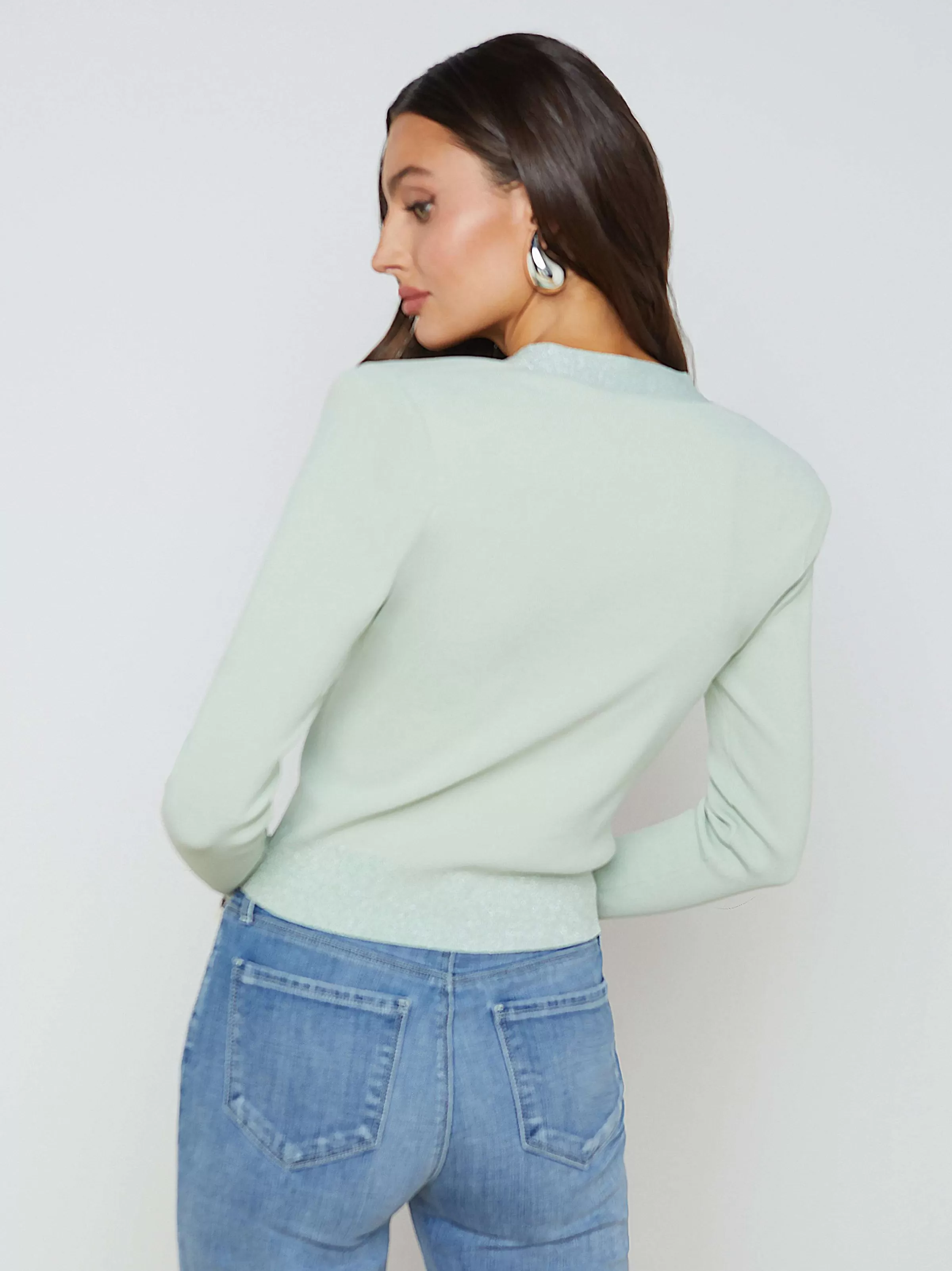 Shop L'AGENCE Cardigan A Col En V Taya Vert Laurier/Lurex