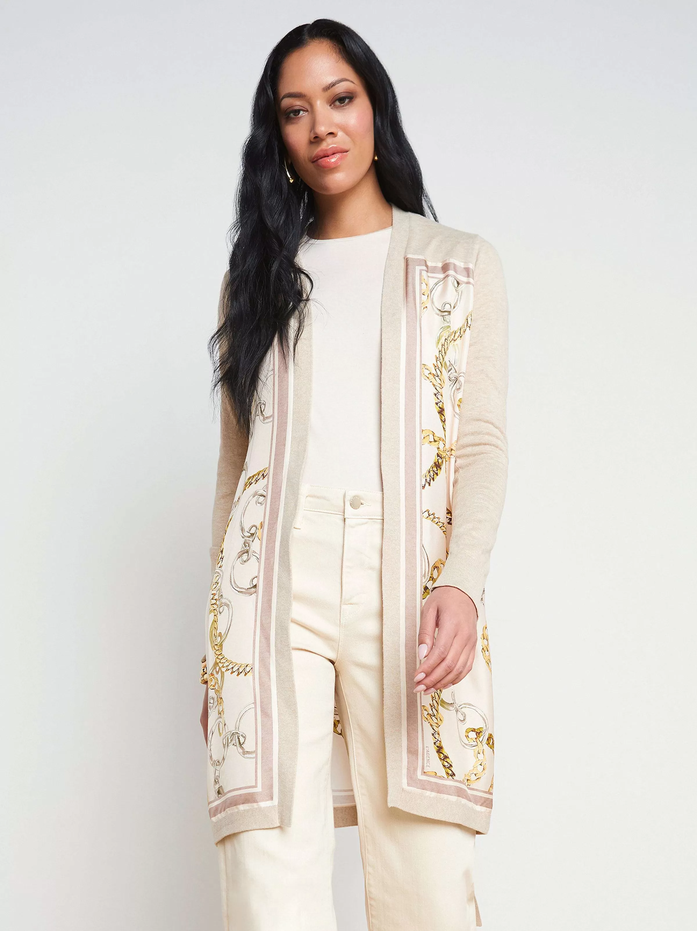 Discount L'AGENCE Cardigan A Panneaux En Soie Beverly Echarpe A Chaine Surdimensionnee Multicolore Creme/Ecru