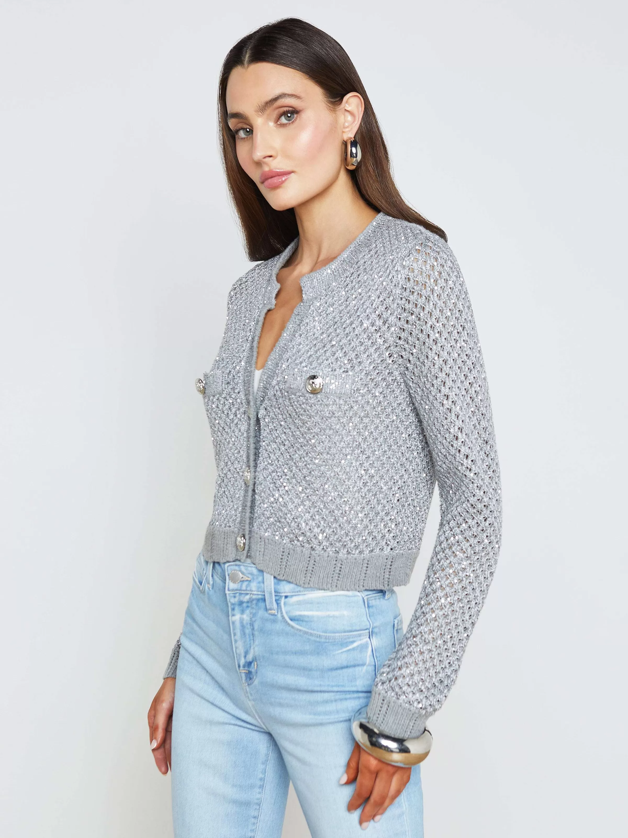 Discount L'AGENCE Cardigan A Sequins Blanca Argent