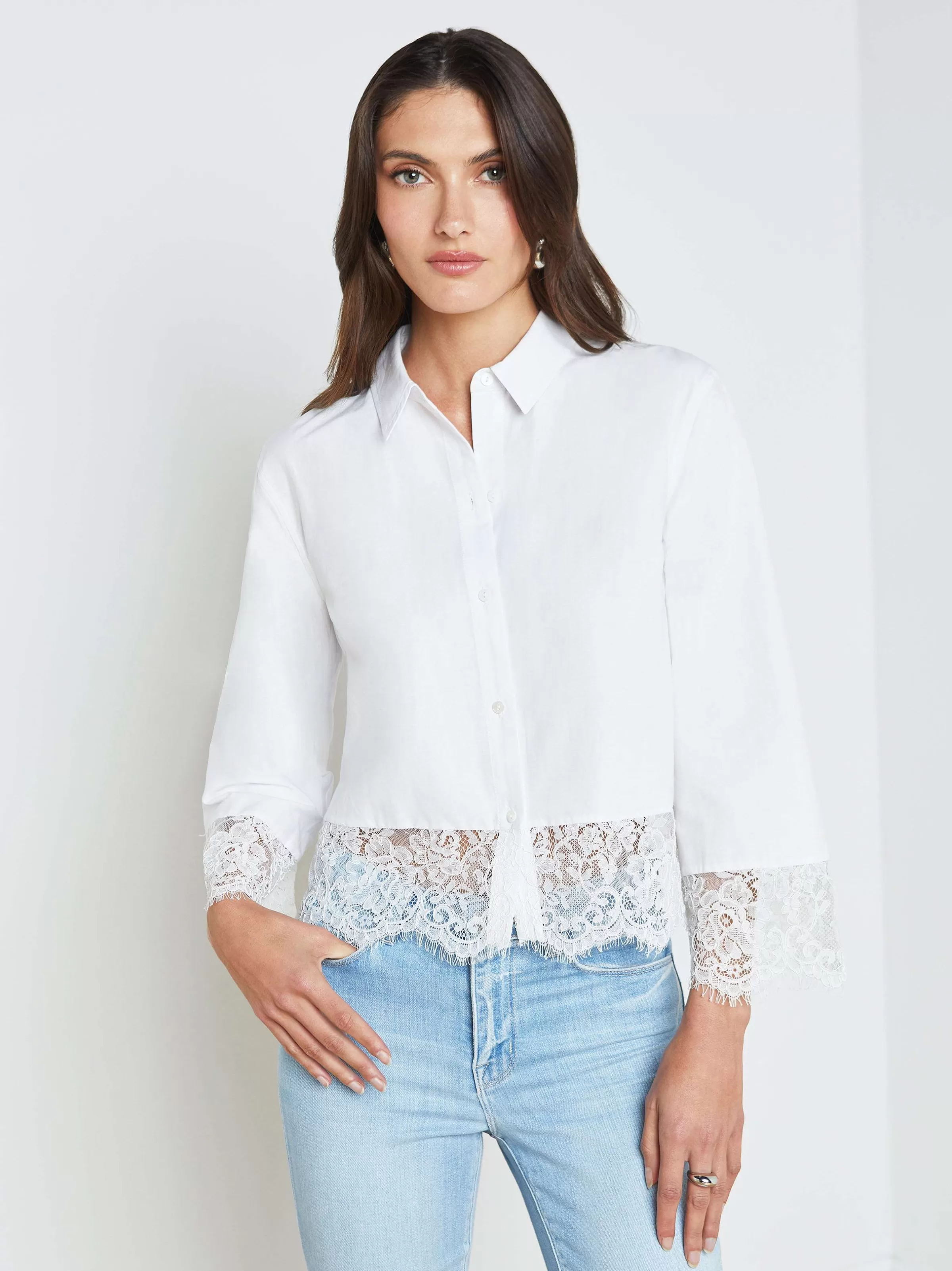 Store L'AGENCE Chemise Levo A Bordure En Dentelle Blanc