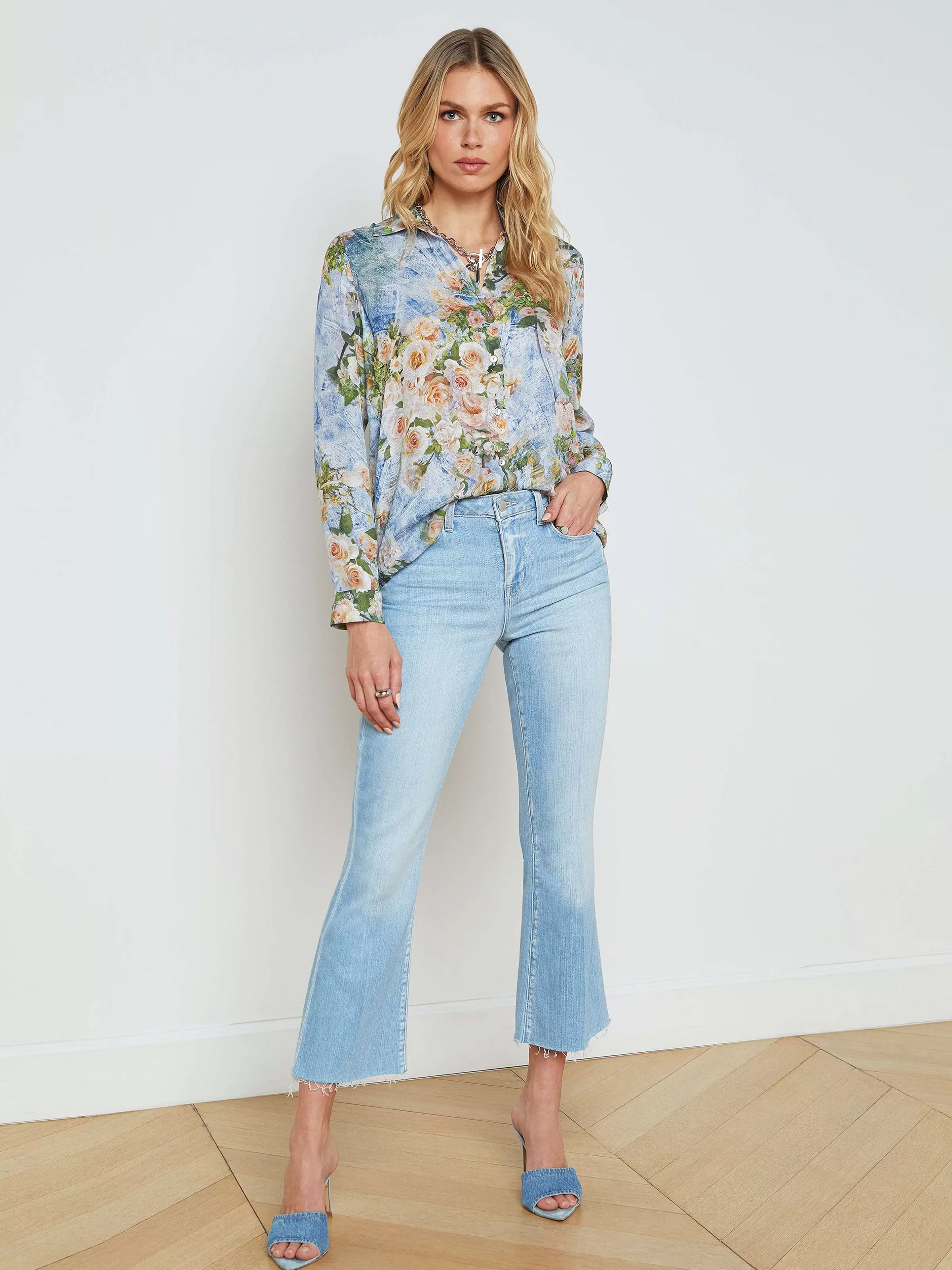 Outlet L'AGENCE Chemisier En Soie Nina Denim Multi-Fleurs