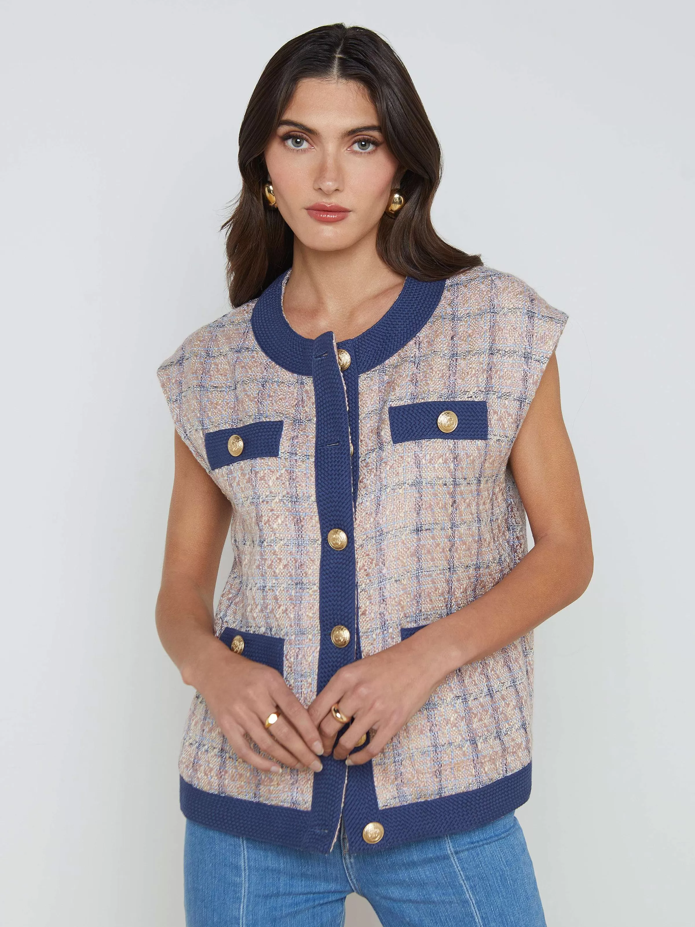 Sale L'AGENCE Gilet Surdimensionne En Tweed Laurel Tan/Rose Poudre/Bleu