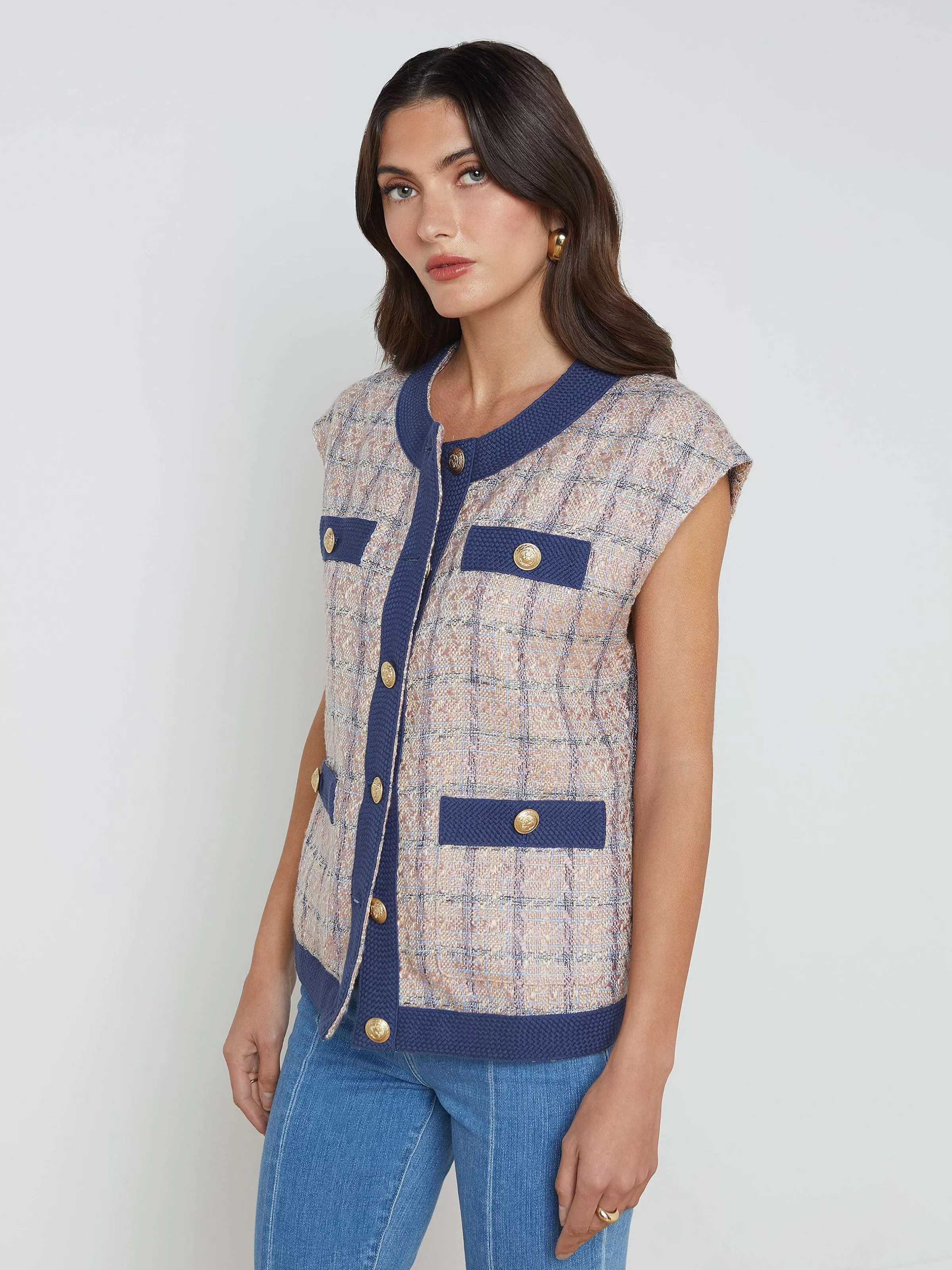 Sale L'AGENCE Gilet Surdimensionne En Tweed Laurel Tan/Rose Poudre/Bleu