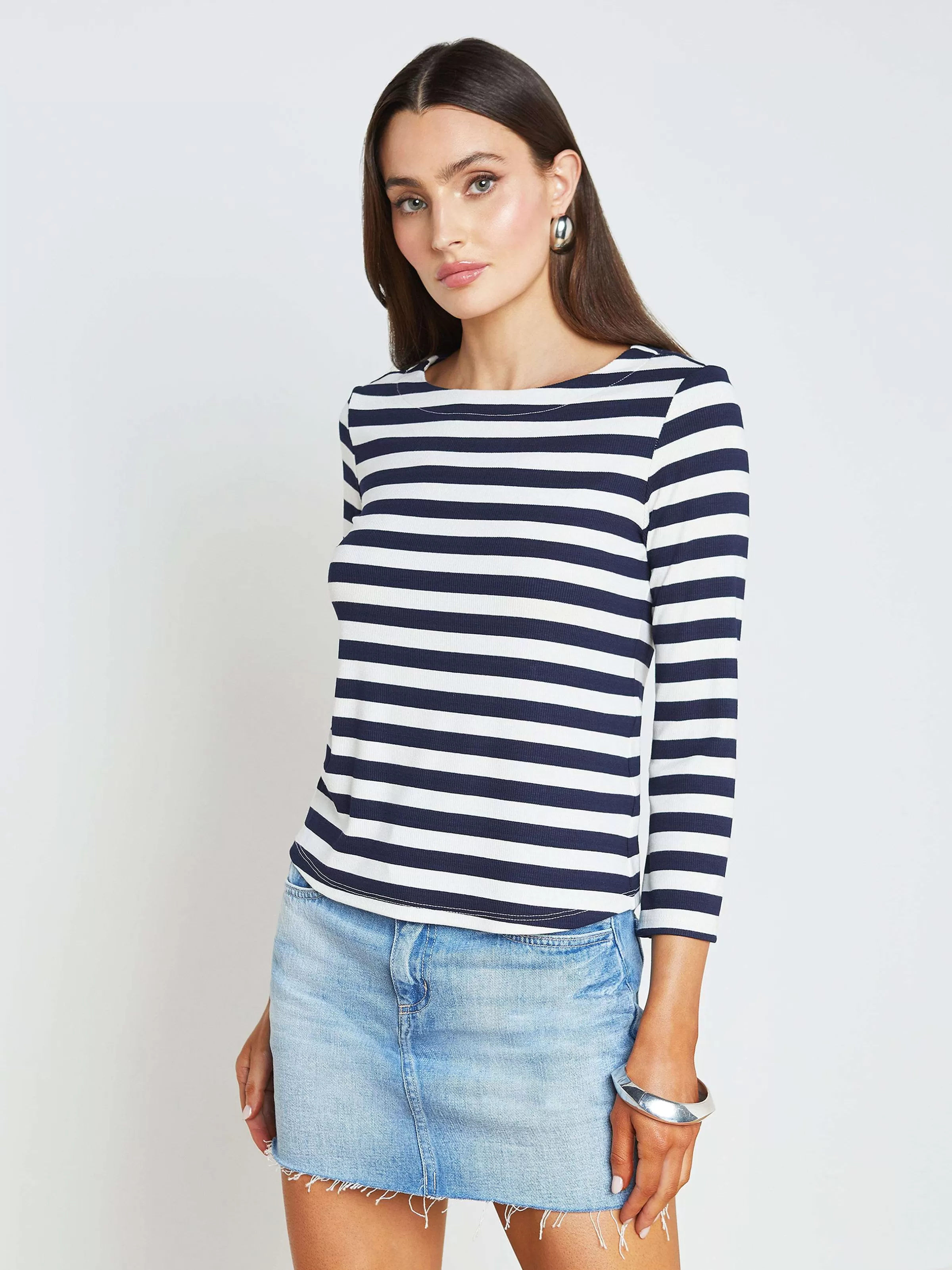 Shop L'AGENCE Haut A Col Bateau Raye Lucille Rayure Bleu Marine/Blanc