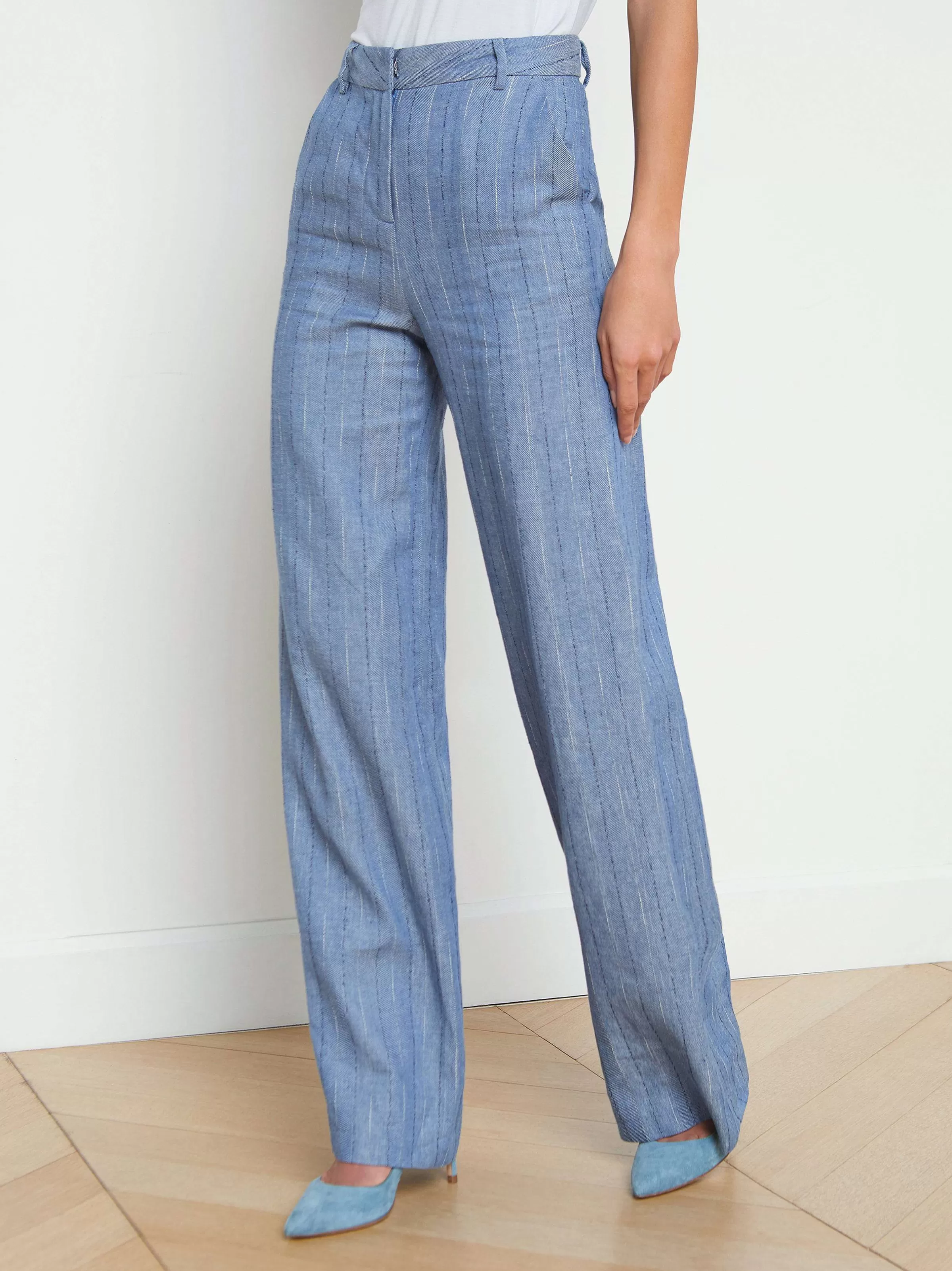 Outlet L'AGENCE Pantalon Droit Livvy En Lin Melange Rayure Bleu Ardoise