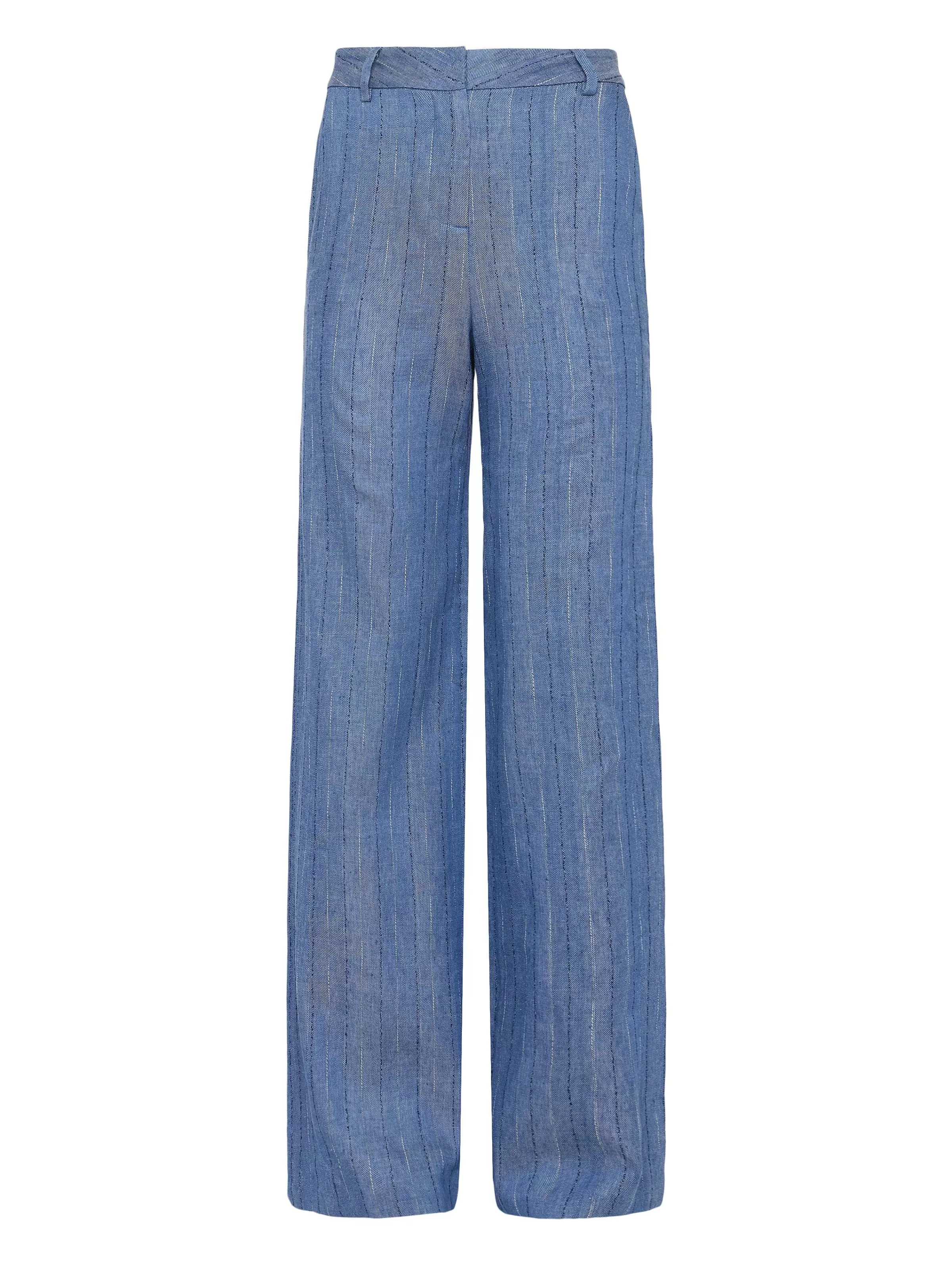 Outlet L'AGENCE Pantalon Droit Livvy En Lin Melange Rayure Bleu Ardoise