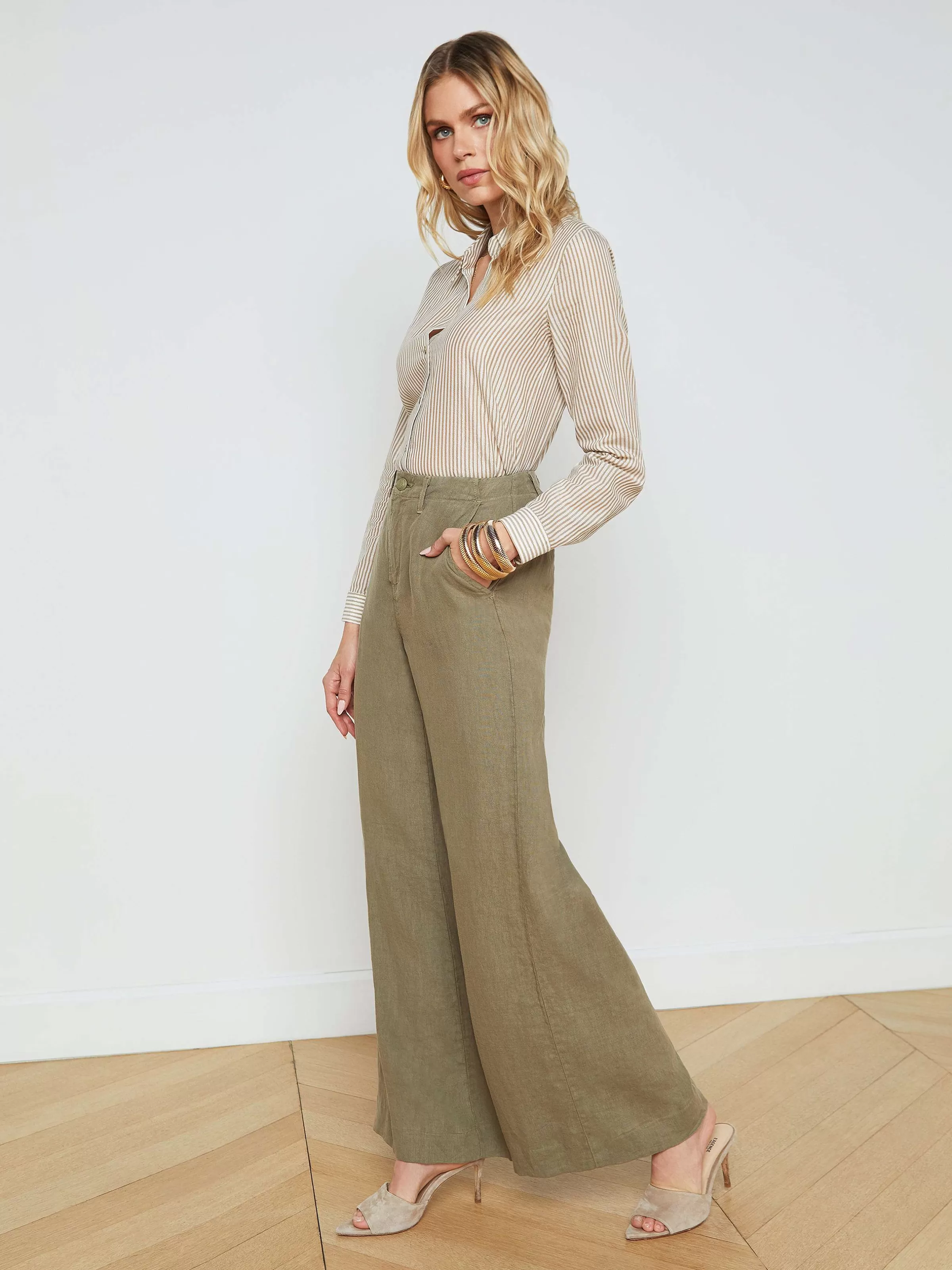 Shop L'AGENCE Pantalon En Lin Brie Vert Secret