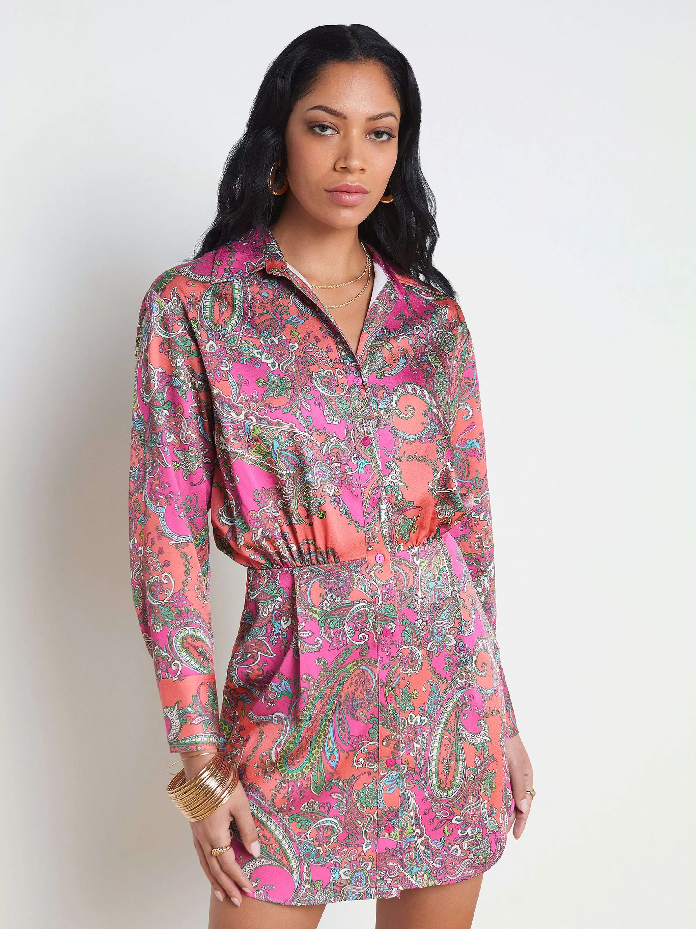 Shop L'AGENCE Robe Chemise Courte Demetria Rhodamine Multi Bright Pop Paisley