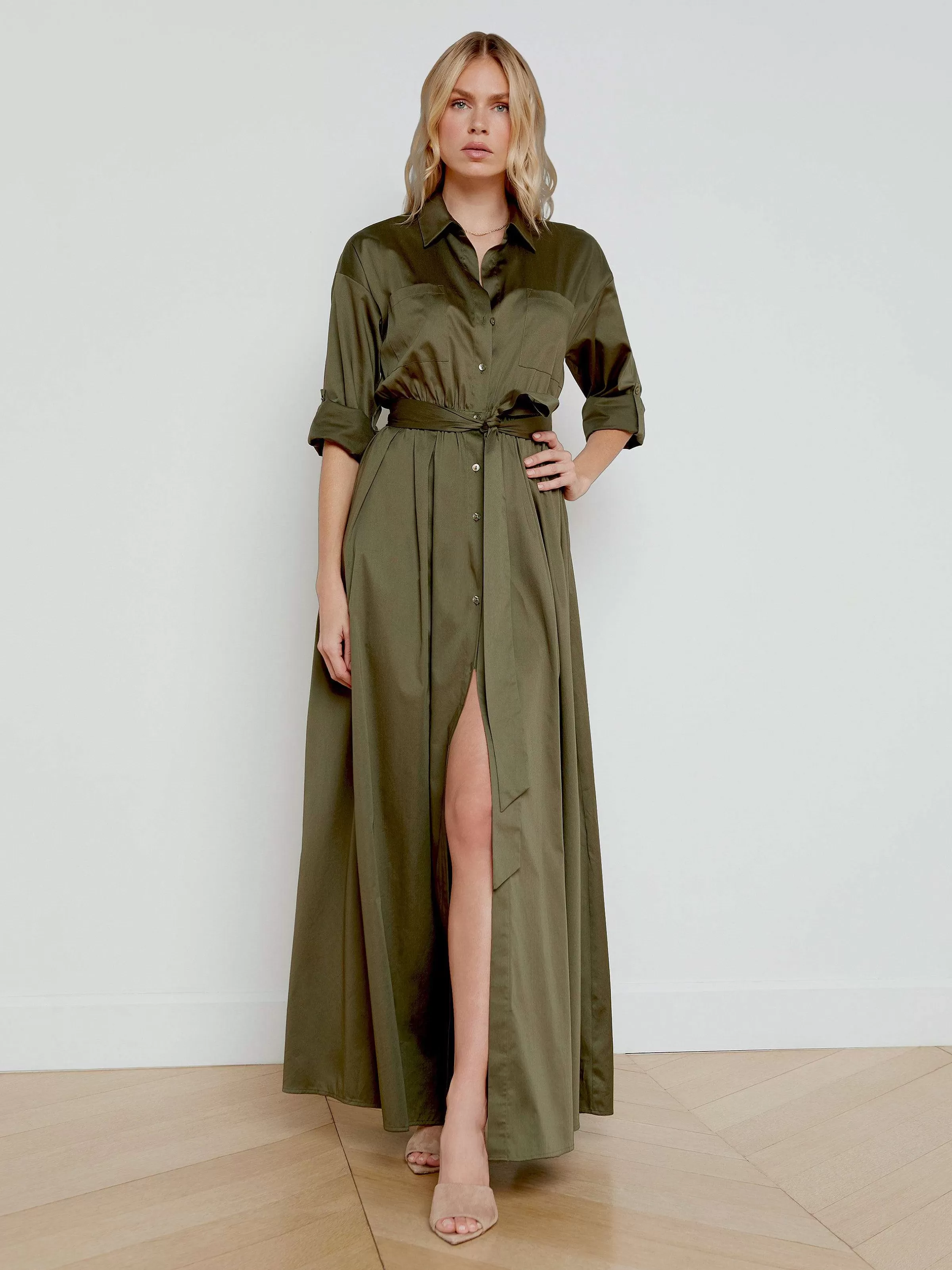 Cheap L'AGENCE Robe En Popeline Cammi Vert Lierre