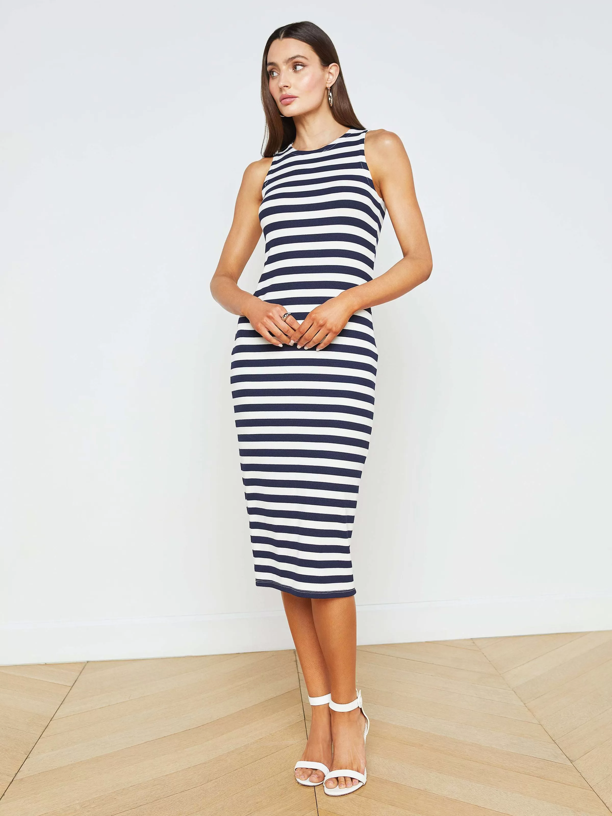 Online L'AGENCE Robe Mi-Longue Sans Manches Nura Rayure Bleu Marine/Blanc