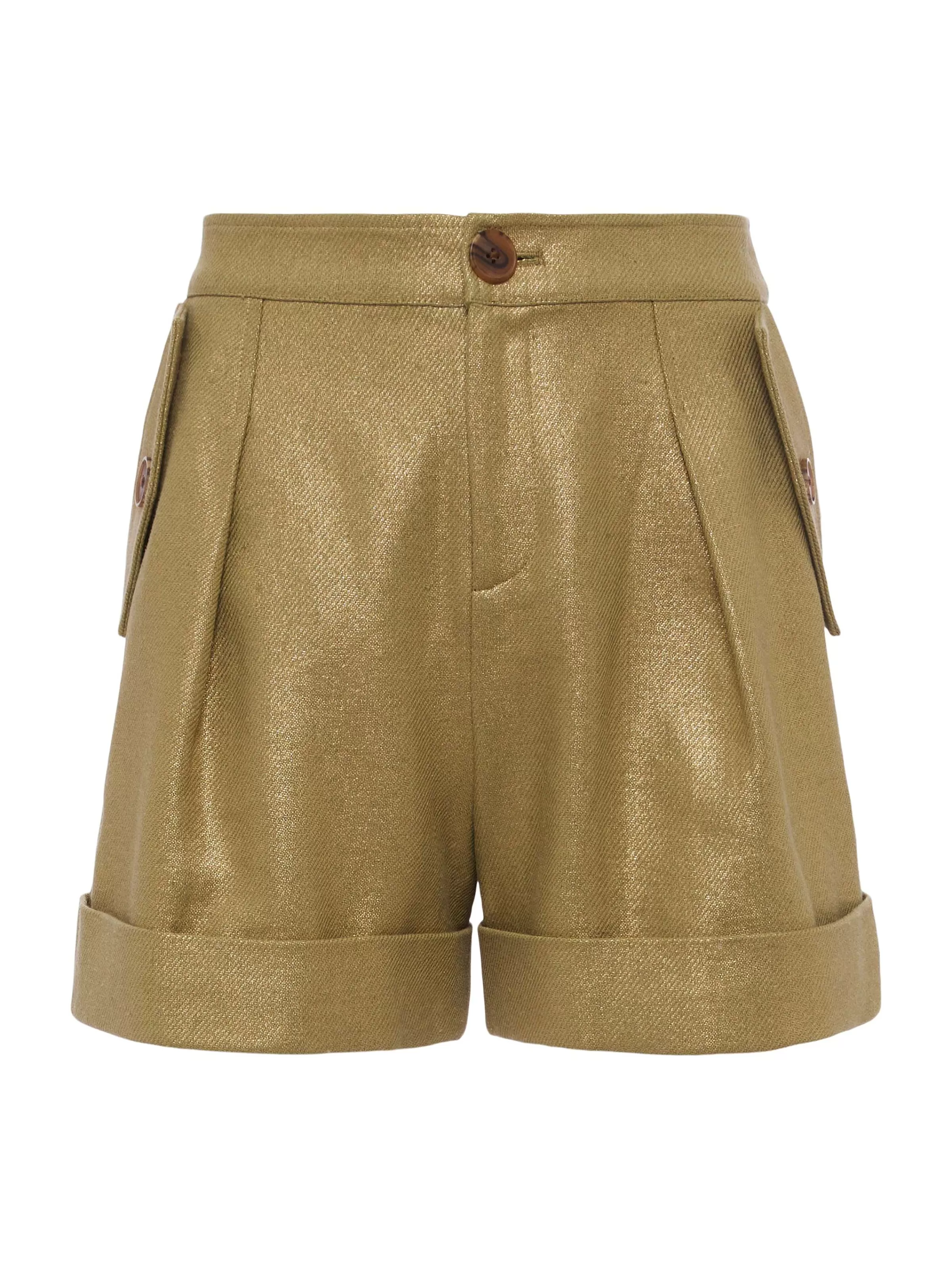 New L'AGENCE Short Safari En Coton Et Lin Vert Petrole/Or