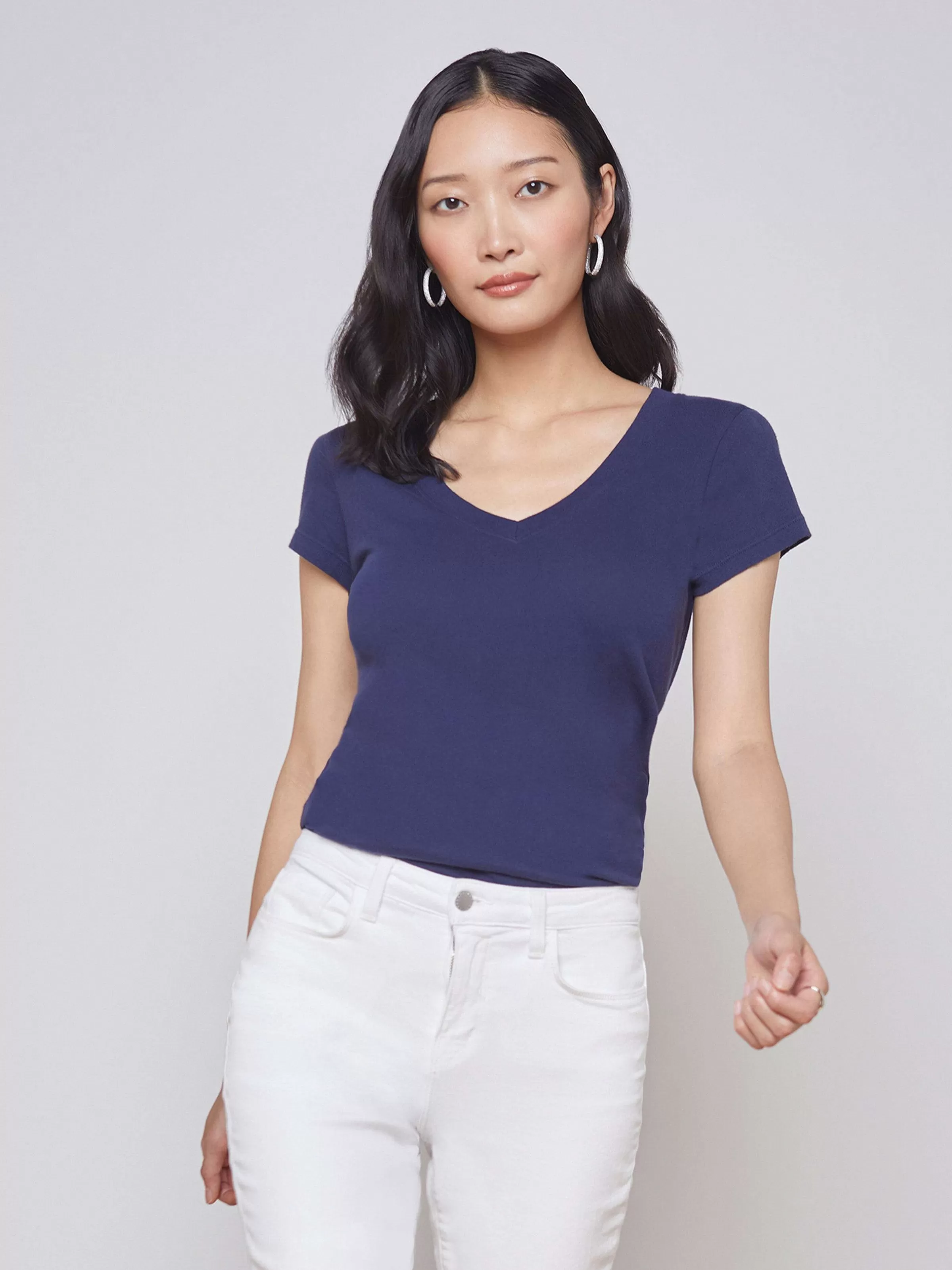 Cheap L'AGENCE T-Shirt A Col En V En Coton Becca Marine