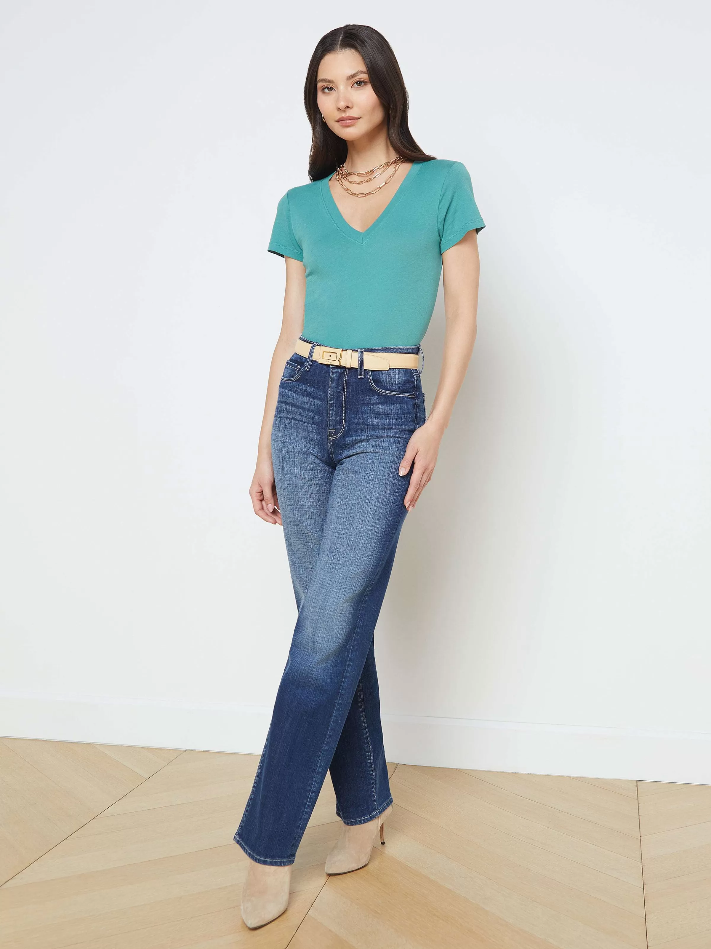 Cheap L'AGENCE T-Shirt A Col En V En Coton Becca Jaspe Vert