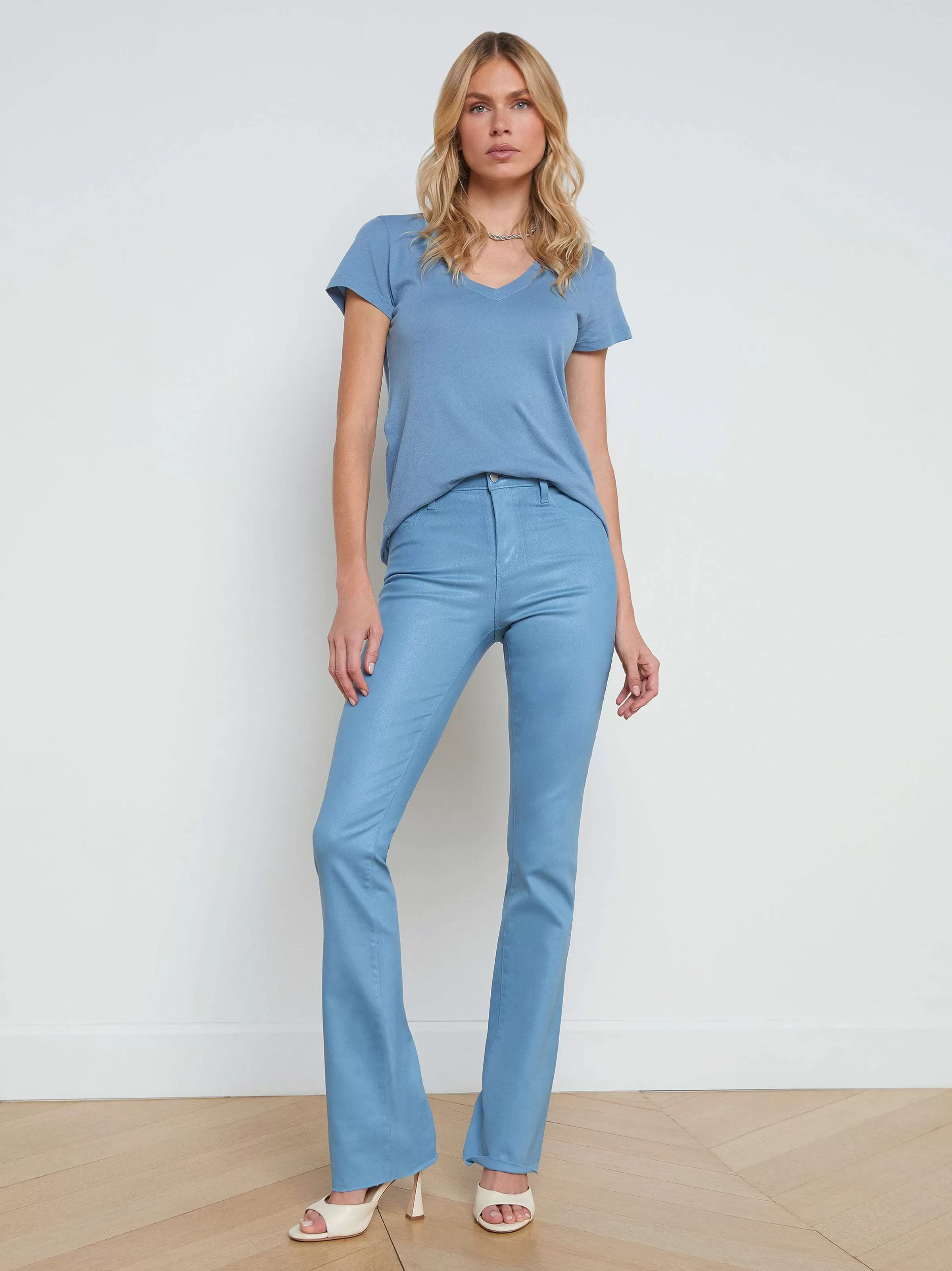 Clearance L'AGENCE T-Shirt A Col En V En Coton Becca Brume Bleue