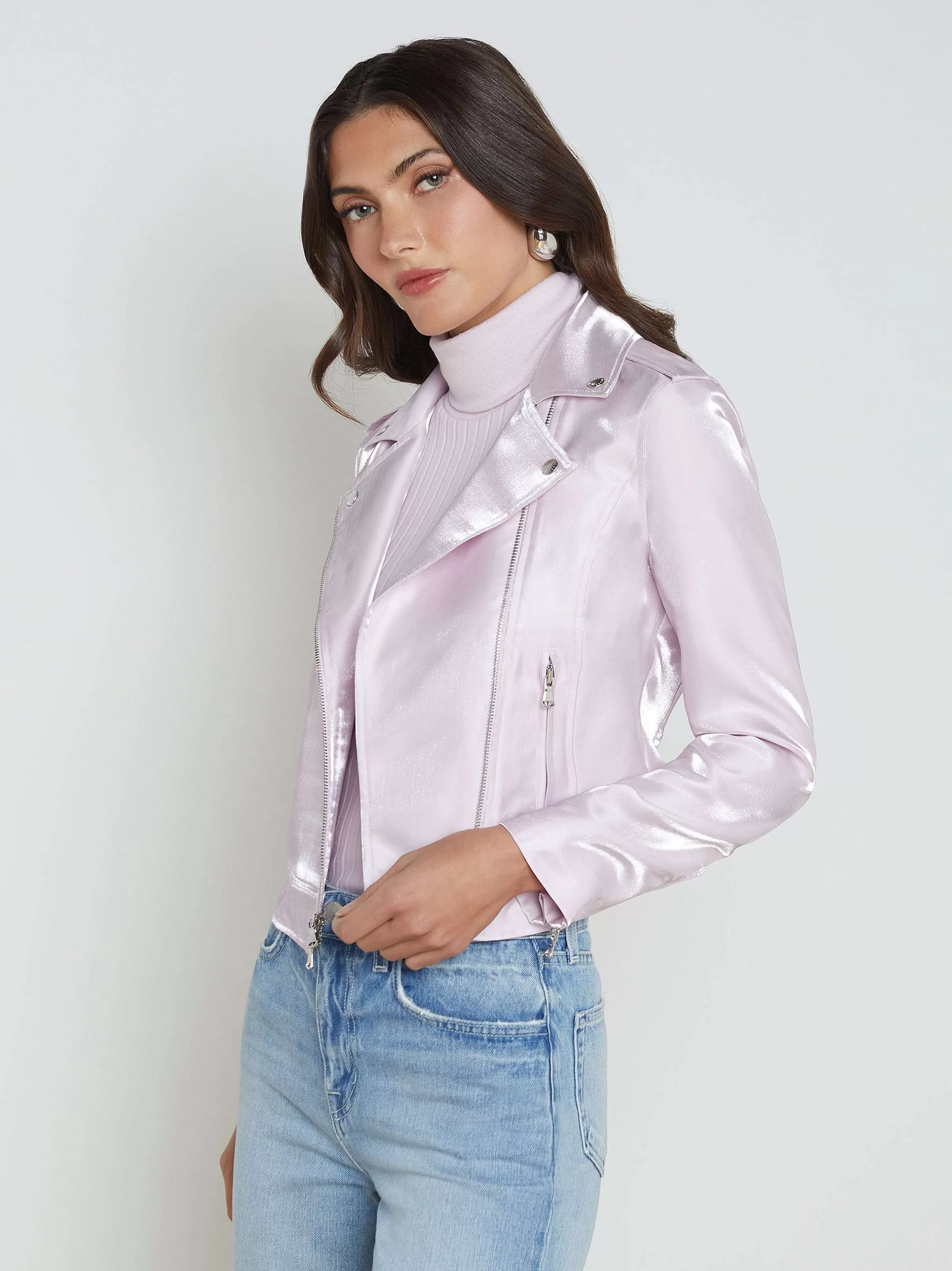 Shop L'AGENCE Veste Motard En Organza Satine Lilas Neige